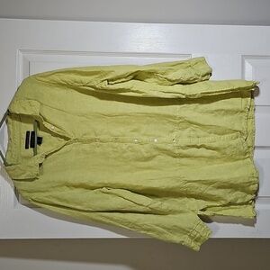 Tahari Lime Linen Button Up Side Slit Long Roll Tab Sleeve Tunic Top Size 1X